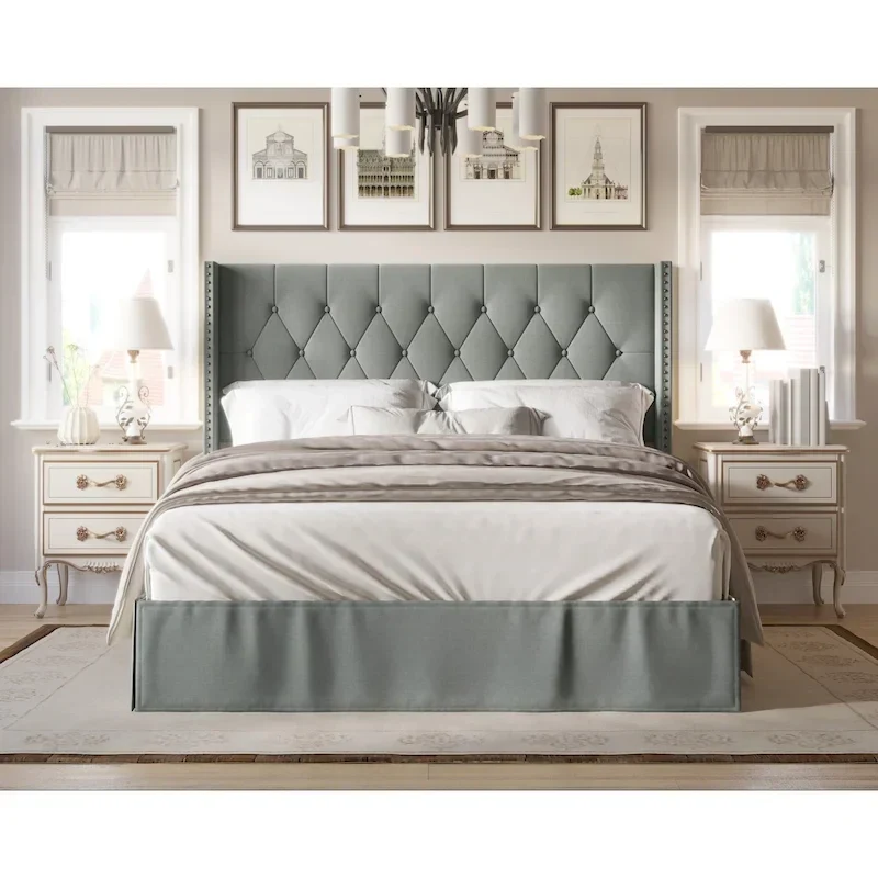Tufted Upholstered Panel Bed, Wingback Headboard, Nailhead Trim, Seats 2, Grey/Black/Beige/Denim Blue, Twin/Full/Queen/King