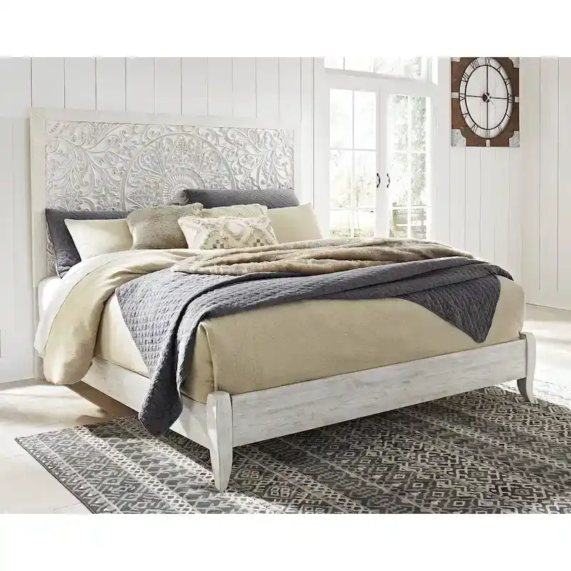 Boho-Chic Whitewash King Panel Bed with Carved Medallion Headboard