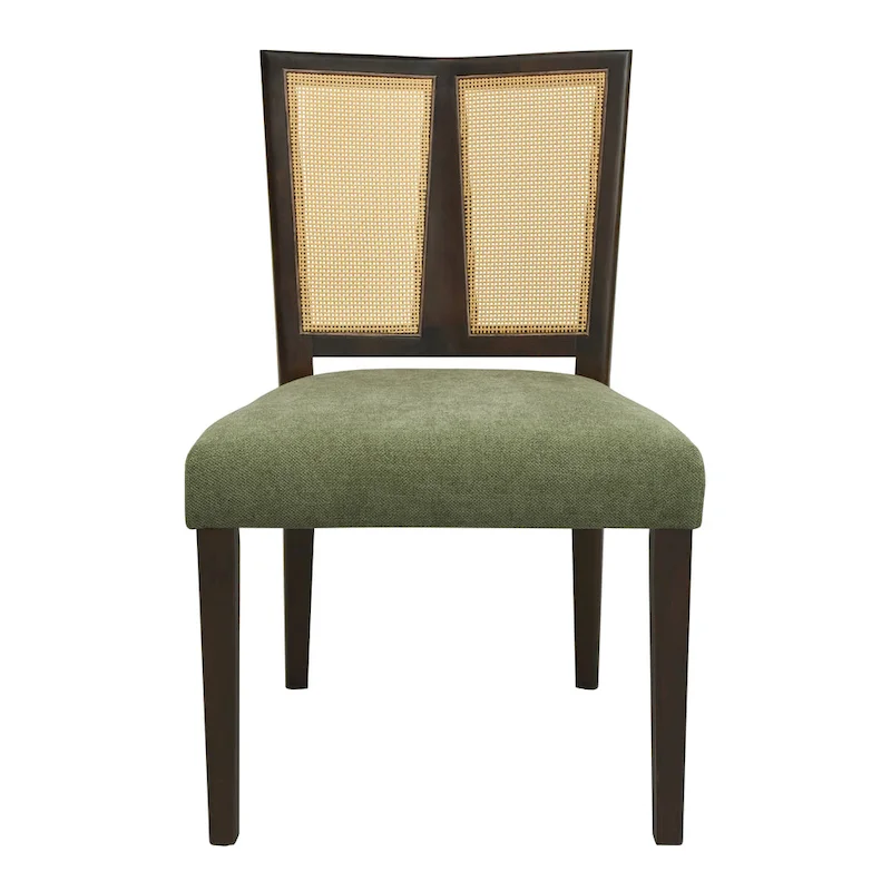 Mid-Century Rattan Back Upholstered Dining Chair Set of 2
