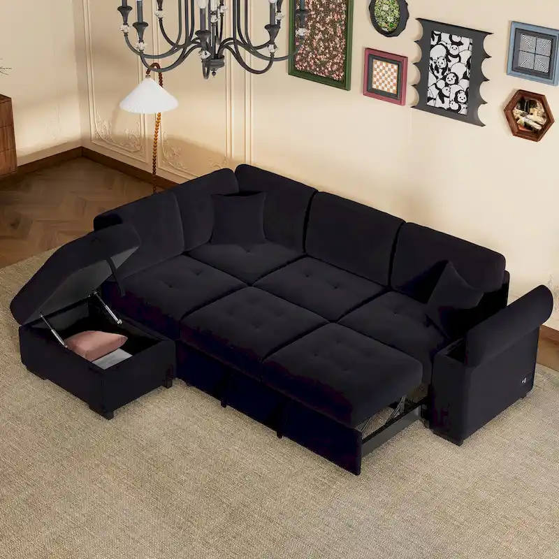 84.75 L-Shaped 5-Seat Sleeper Sectional Sofa with Storage Ottoman, Hidden Arm Storage, and USB Charging for Living Room