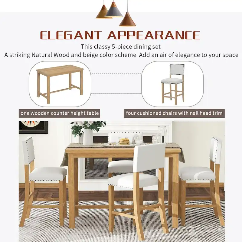 5-Piece Counter Height Dining Set, Classic Elegant Table and 4 Chairs in Natural Wood Wash