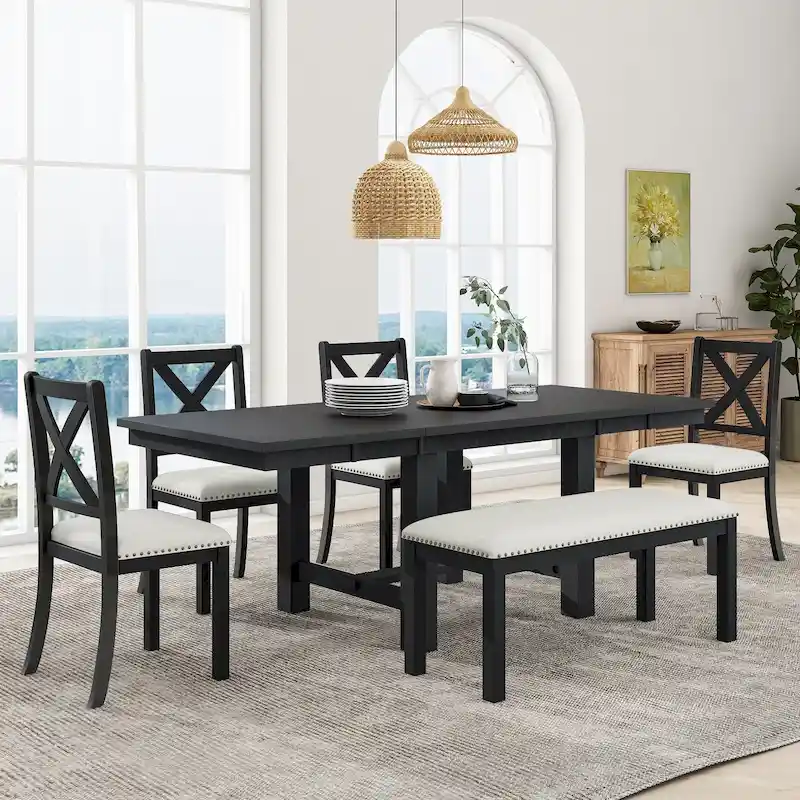 6-Piece Dining Table with Footrest, 4 Chairs and Dining Bench, Two 11 Removable Leaf