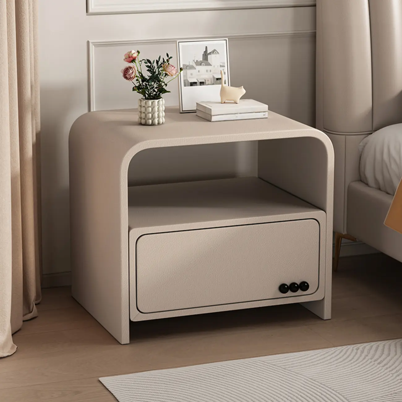 Elegant Modern White Faux Leather Wood Drawer Nightstand
