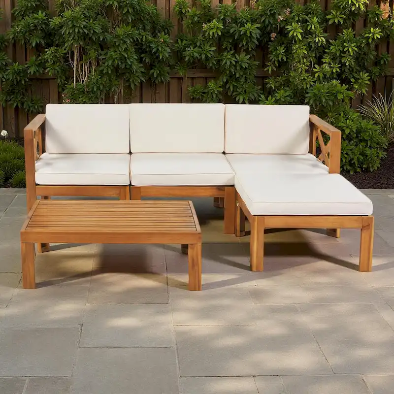 5-Piece Outdoor Patio Solid Wood Sectional Sofa with Coffee Table and Cushions