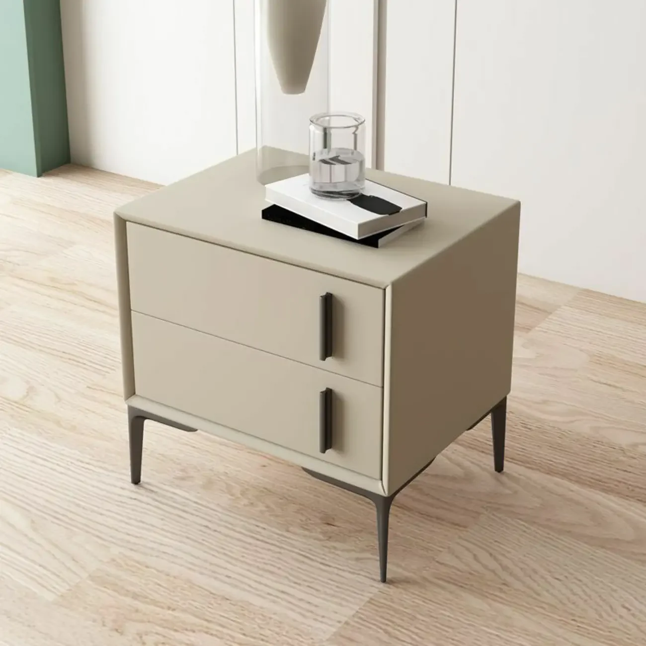 Modern Apricot Faux Leather Wood 2-Drawer Nightstand