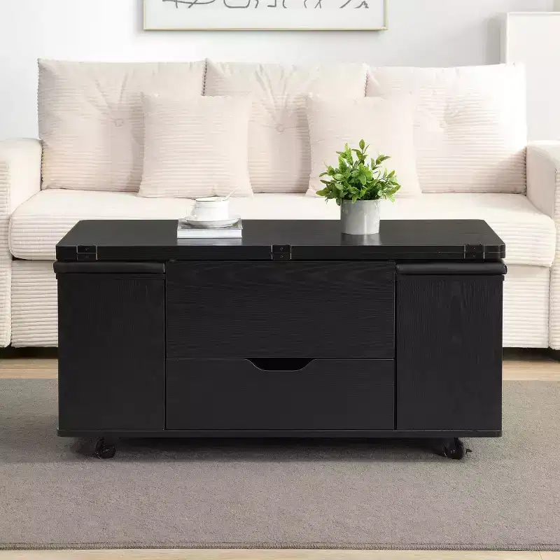 Lift-Top Coffee Table with Storage and 4 Stools — Black / Brown / Natural, Mobile, Seats 4