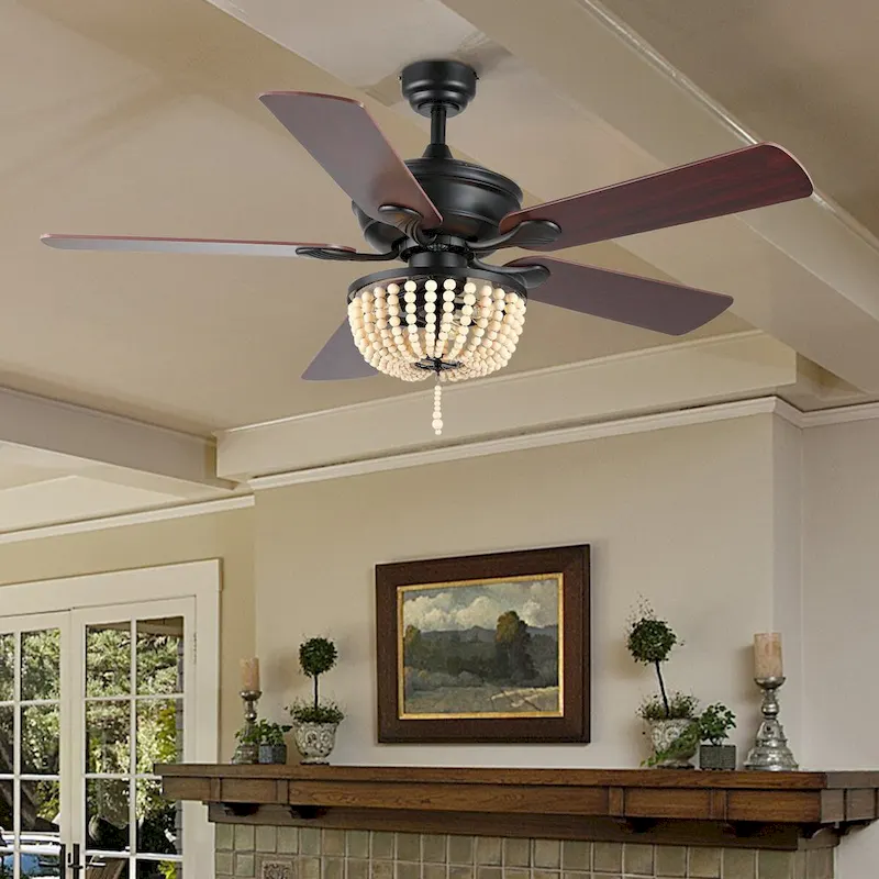 Quinn 52  3-Light Rustic Farmhouse Iron/Wood Bead Mobile-App/Remote-Controlled LED Ceiling Fan, by JONATHAN Y