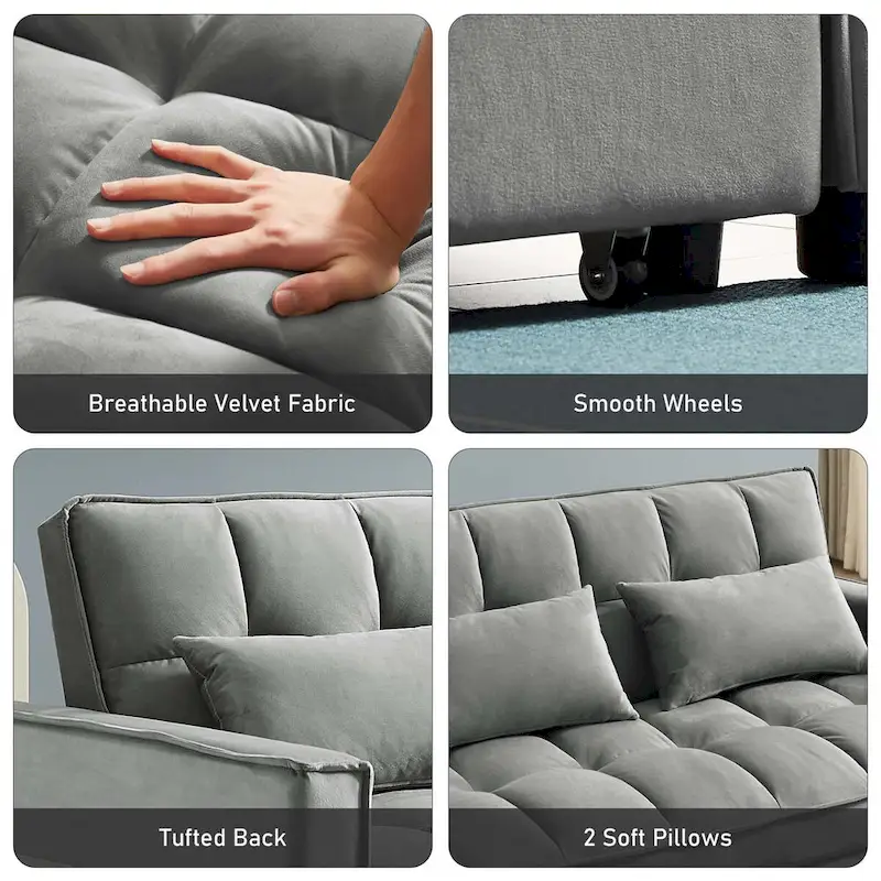 Convertible Sleeper Loveseat, 3-Position Backrest, Velvet, Foam, Side Pockets, USB, Seats 2/Twin Bed, Blue/Black/Grey
