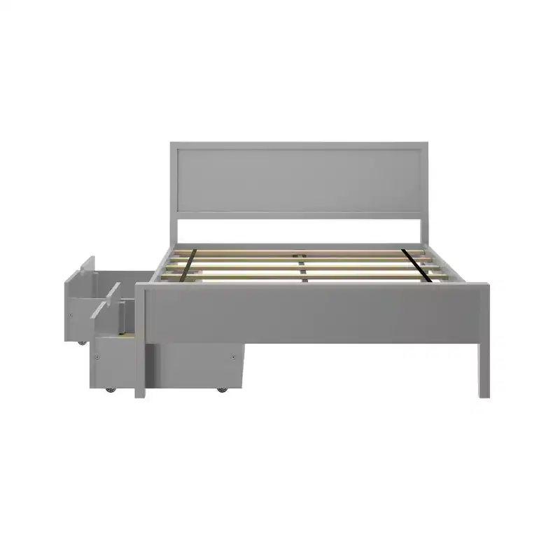 Full Size Bed Frame with Storage Drawers, Solid Wood Platform Bed for Kids