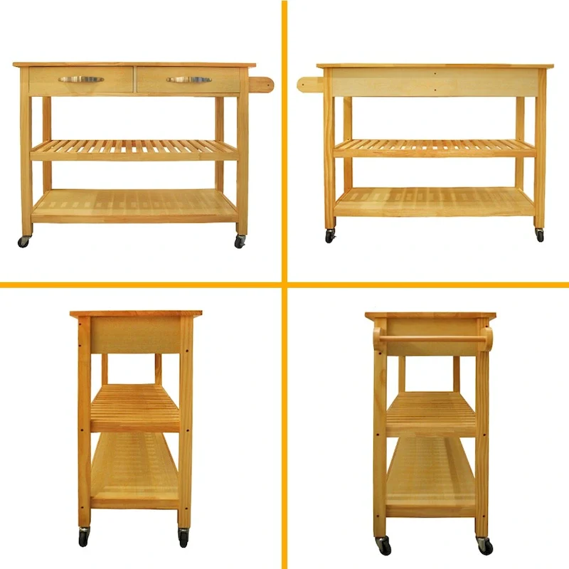 Simple Design Kitchen Island&Cart ,Double Display Shelves and 2 Drawer with Wood Top