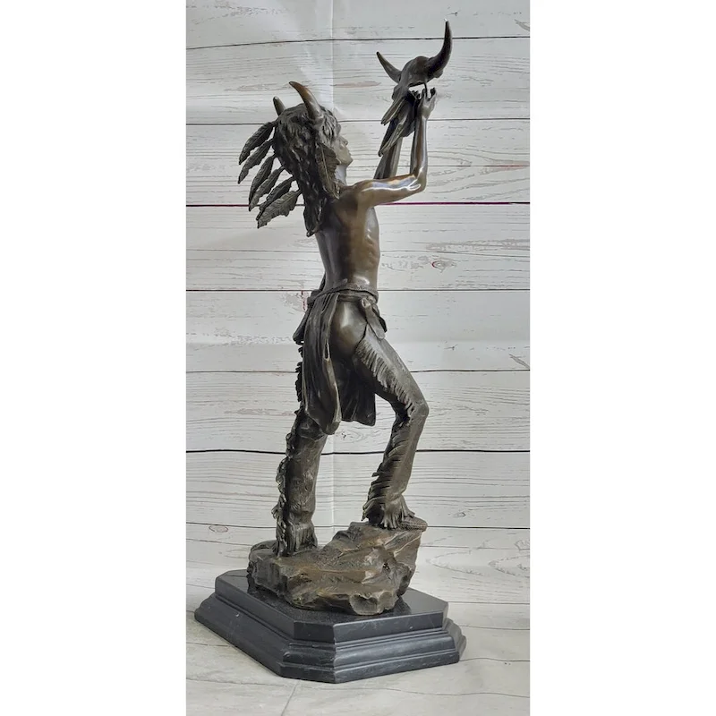 Native American Indian Shaman Medicine Man Holding Bison Skull Bronze Statue Sculpture 23 Inches X 11 Inches