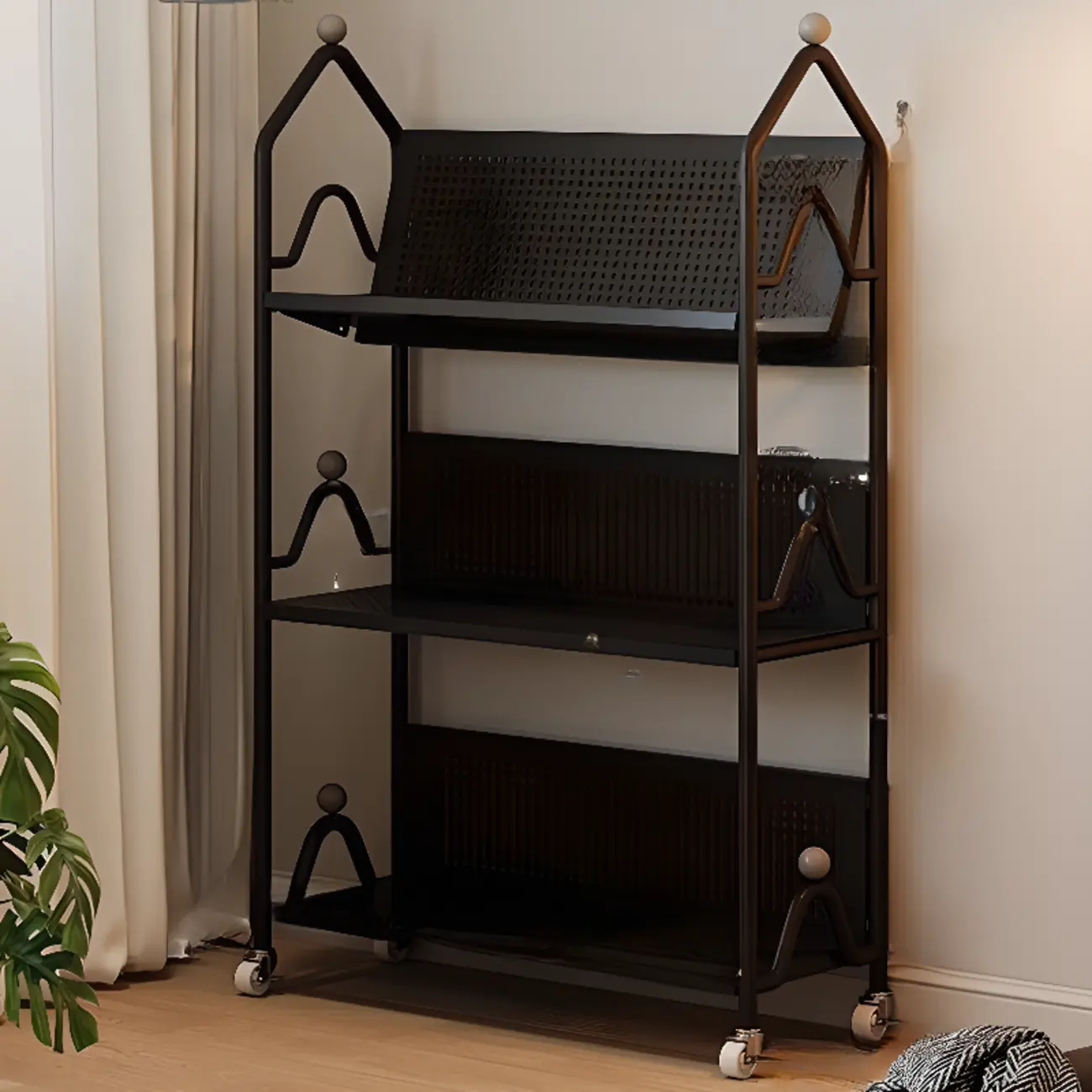 Modern Minimalist White/ Black 3-Tier Metal Rolling Bookshelf
