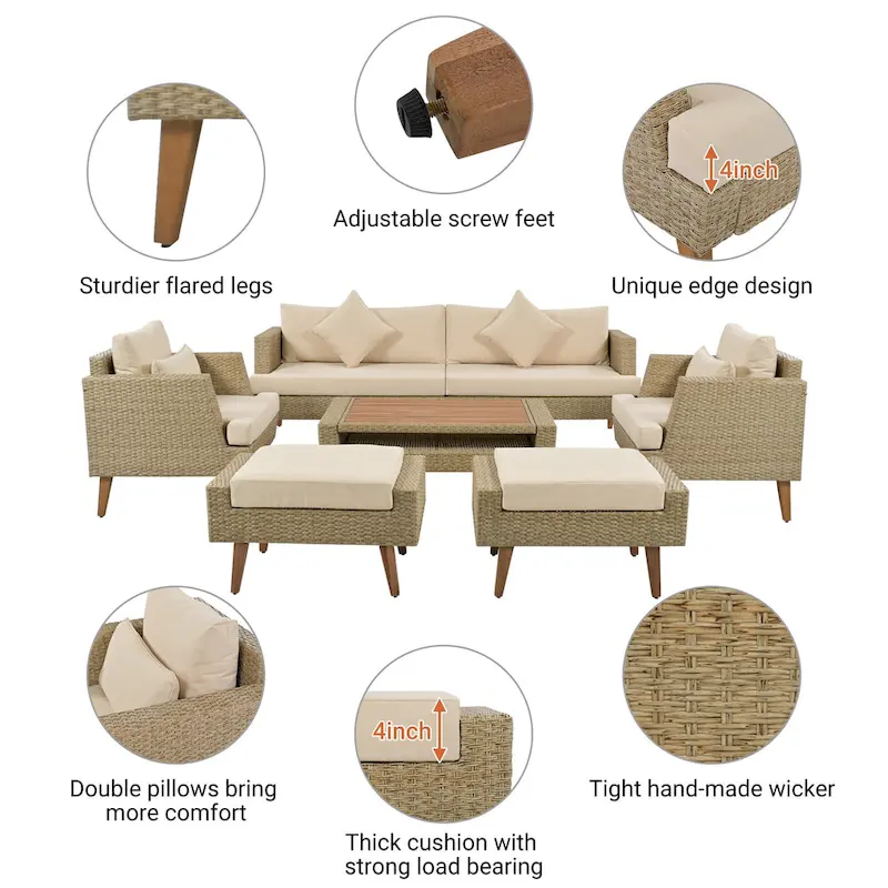 6-Pieces All Weather PE Wicker Sofa Set with Double Cushions