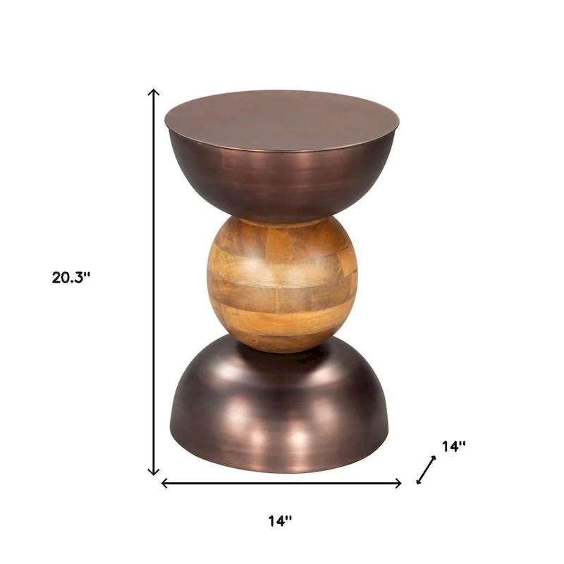 Round Pedestal End Table - Bronze & Brown, Iron & Solid Wood, 20W x 20.3H