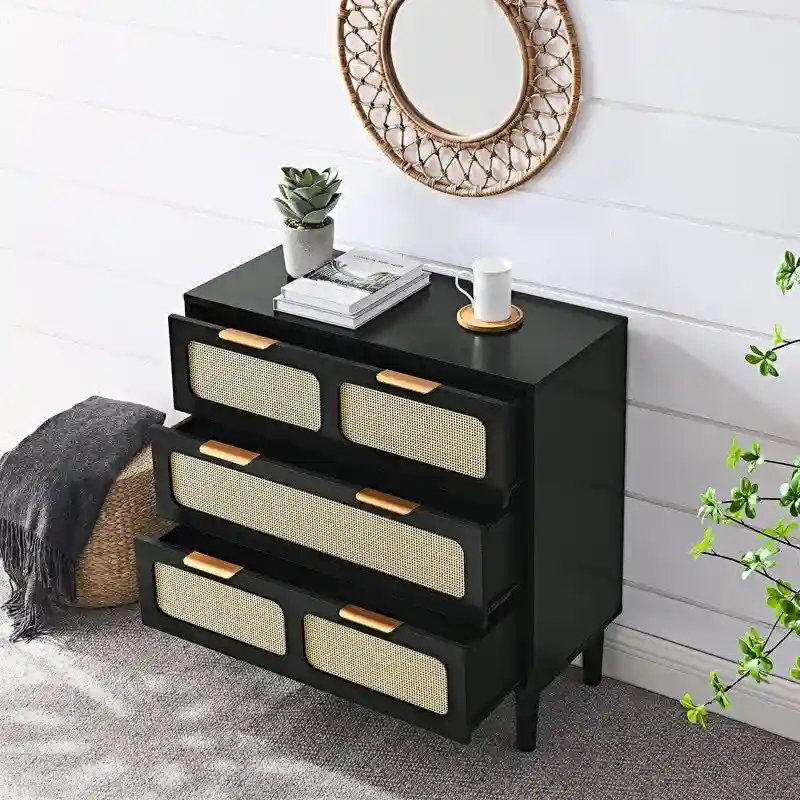 Grondin Mid-Century Modern Boho Style 3 Rattan Drawers Chest with MDF Frame and Solid Wood Legs, Chest of Drawers