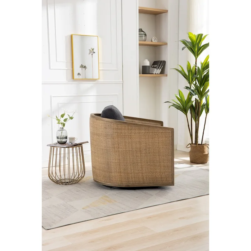 Swivel Barrel Chair, Comfy Round Accent Chair, 360 Degree Swivel Barrel Club Chair, Leisure Arm Chair with Rattan Woven Frame