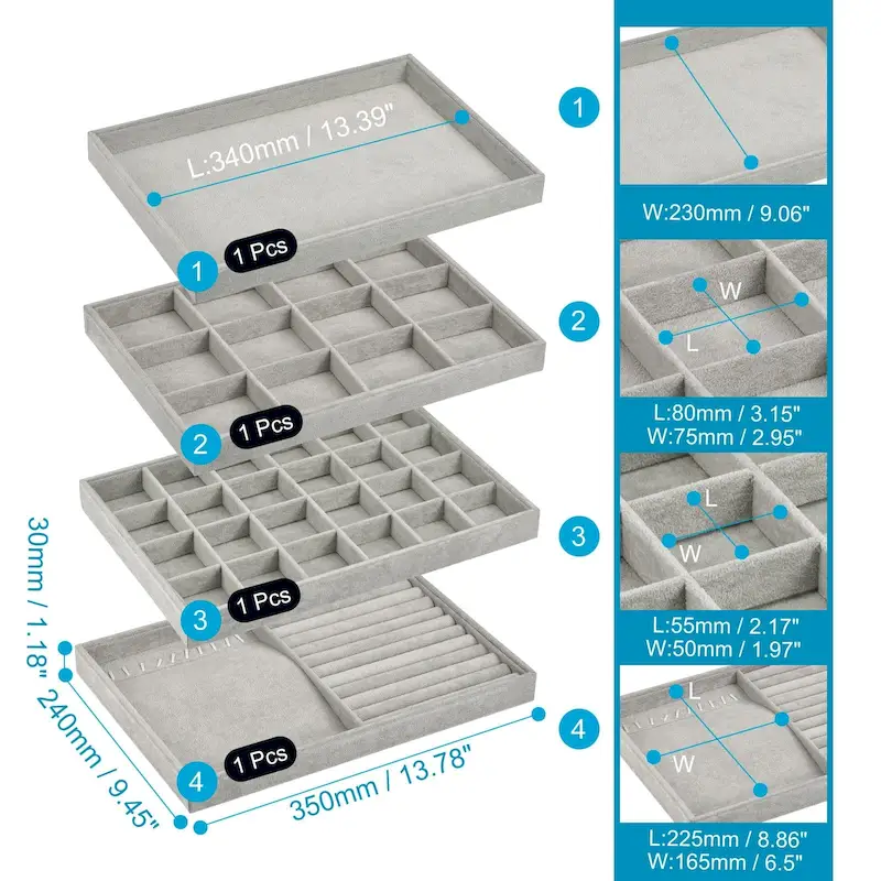 Jewelry Tray, 4 Pack - Stackable Jewelry Display Tray with Lid