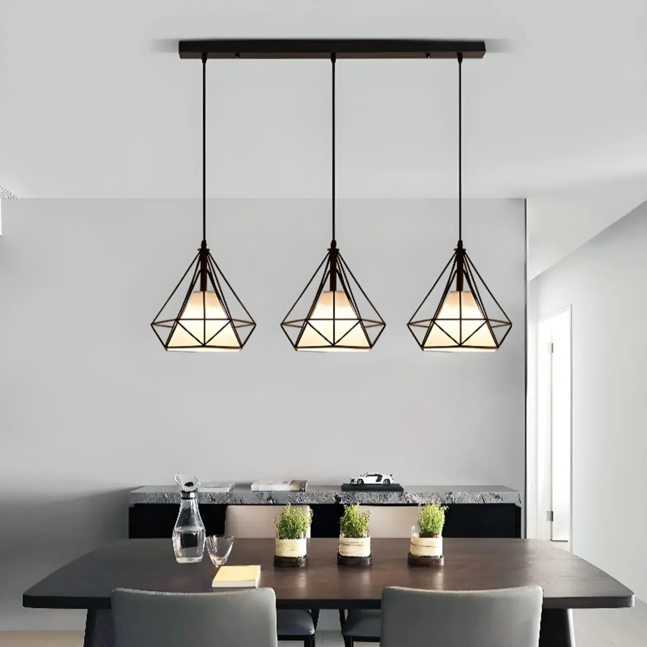 Modern Black Metal Rhombus Island Pendant Light for Kitchen
