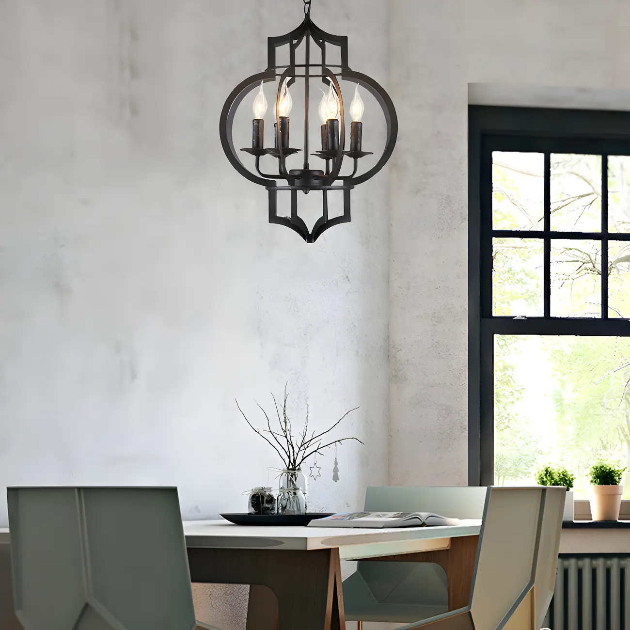 Industrial Black Metal Lantern Candle Chandelier