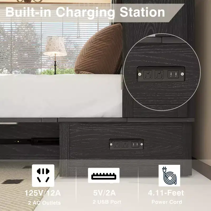 Keloyid Haimyy Solid Wood Frame Queen Murphy Bed Chest with Built-in Charger and Strong Drawer