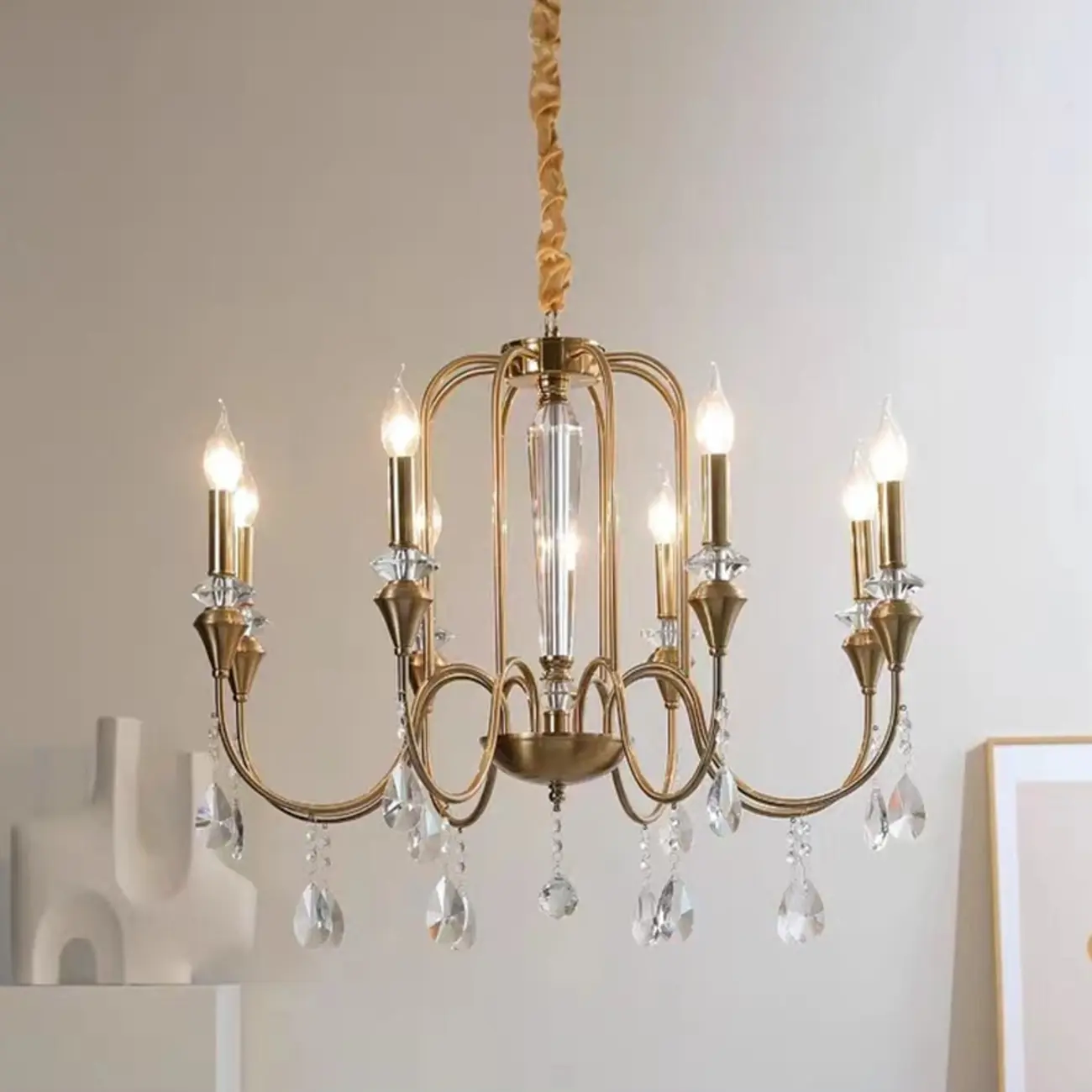 Metallic Alloy Hanging Gold Adjustable Crystal Chandelier