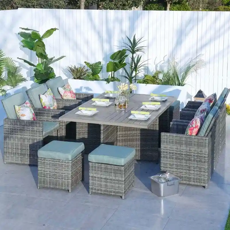11-Piece Patio Wicker Aluminum Dining Table Set w/ Chairs and Ottomans