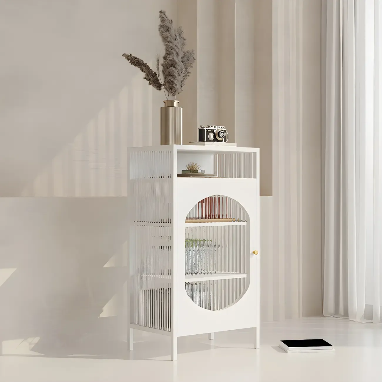 Simple Metal White Glass Doors Storage Display Cabinet