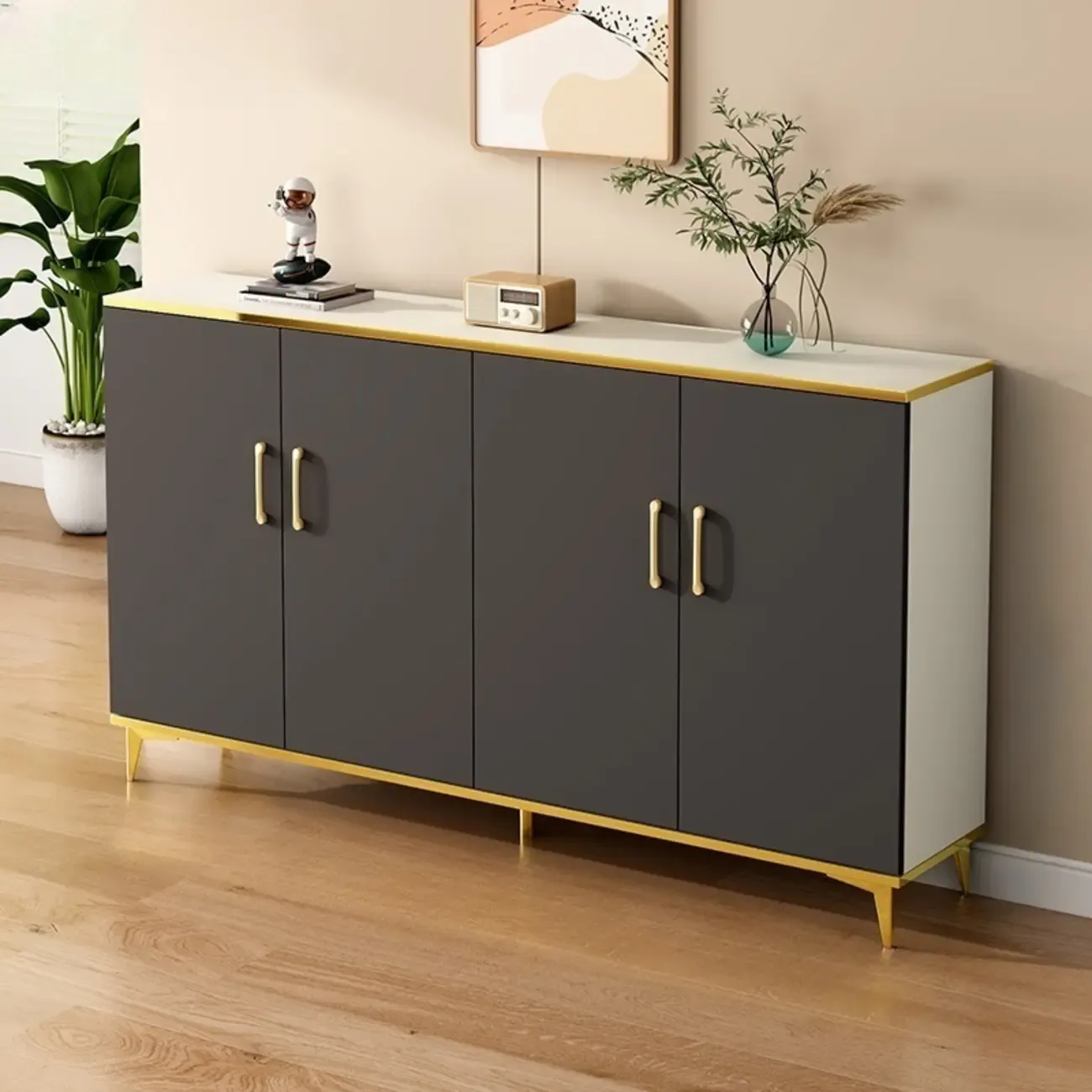 Trendy Grey Wood Hallway Shoe Cabinet with Gold Legs