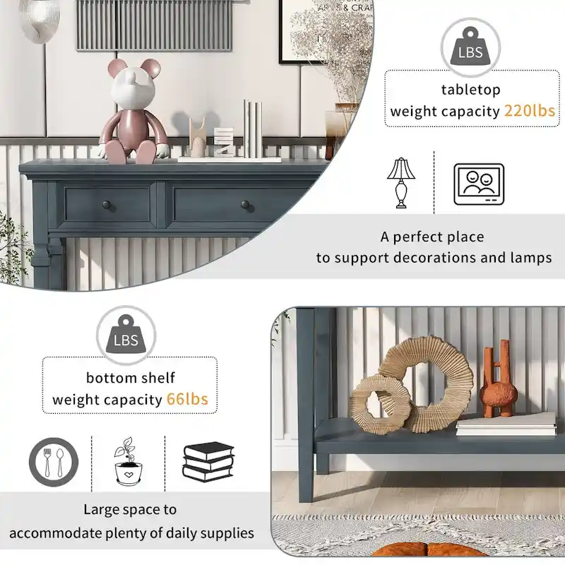 50 Farmhouse 50 Inch Classic Retro Console Three Top Drawers and Open Style Bottom Shelf, Sofa Table with Solid Wooden Frame