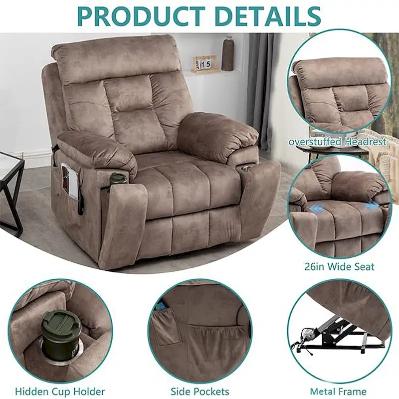 Power Lift Recliner, Massage & Heat, Velvet, 8-Point Massage, Cup Holder, Reclines 160°, Seats 1, Light/Dark Brown