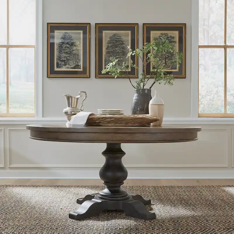 Americana Farmhouse Pedestal Table for Dining Room Oak Wood Top