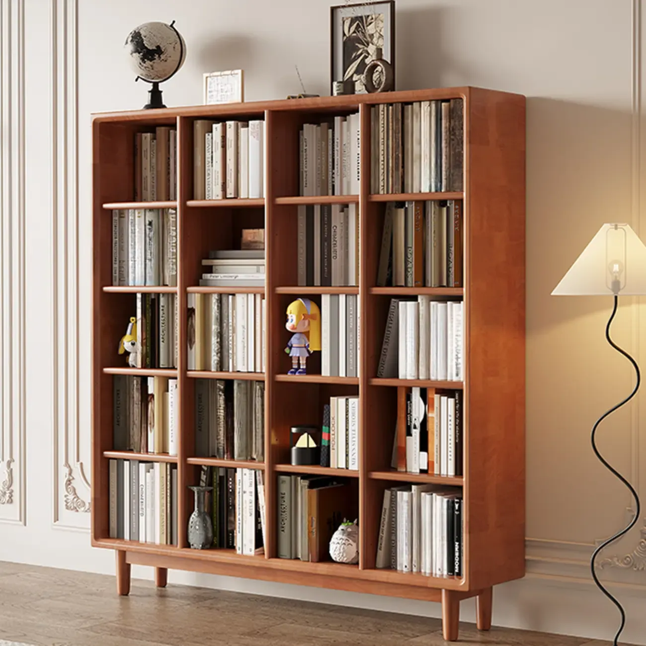 Mid Century Modern Oak Wood Closed Back Standing Bookcase