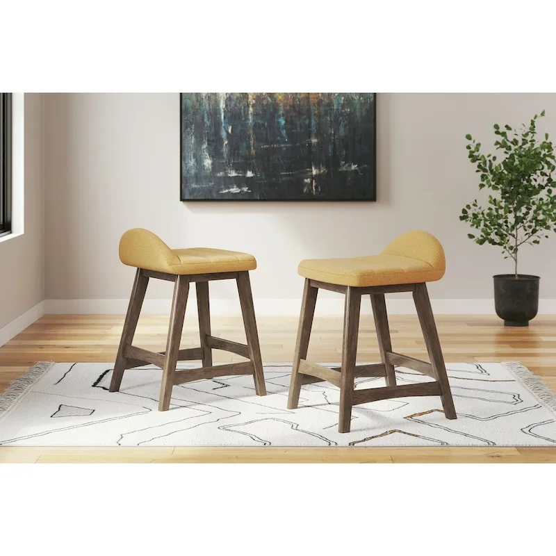 Counter Height Bar Stool, Set of 2, Mid-Century, Polyester, Foam Cushion, Hardwood Frame, Seats 2, Charcoal/Teal/Grey/Yellow