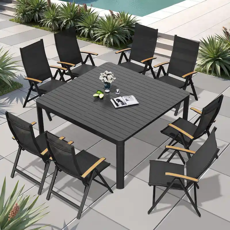 9pc Outdoor Dining Table Patio Aluminum Extension Table with Folding Chair