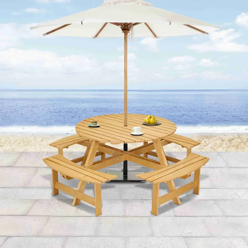 8-Person Outdoor Round Picnic Table Set with 4 Built-in Benches & Umbrella Hole