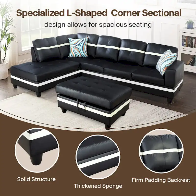 L-Shape Semi PU Leather Living Room Sofa Set with Ottoman,3-Piece