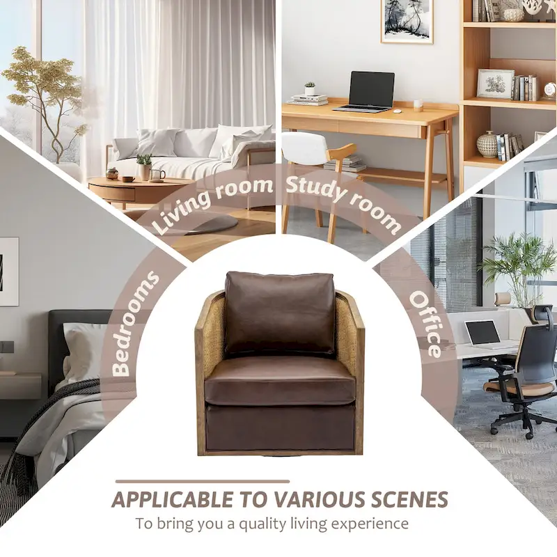 Boucle/Leather Upholstered 360 Degree Swivel Round Barrel Club Chair