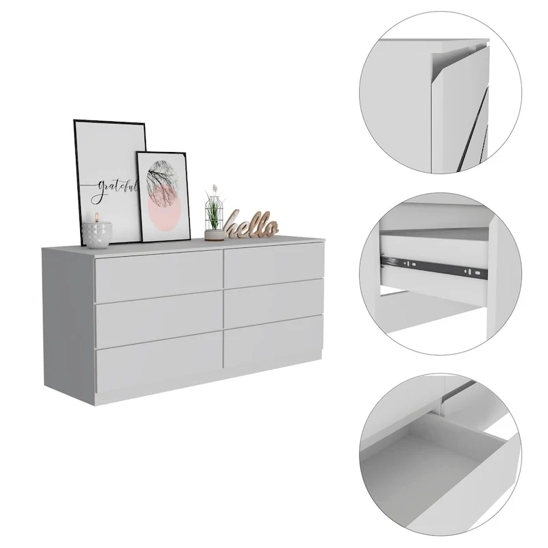 6-Drawer Dresser, Black/White/Light Gray/Light Oak, Metal Rails, Modern