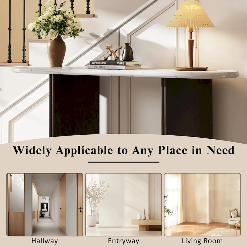 Oval Faux Marble Top Console Table Entryway Table, Narrow Sofa Table Hallway Accent Table with Triangular Base