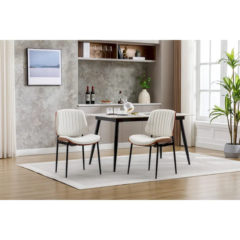 Dining Chairs Set of 2 Mid Century Modern Retro Faux Leather Chair with Bentwood Upholstered Seat Metal Legs Adjustable Foot