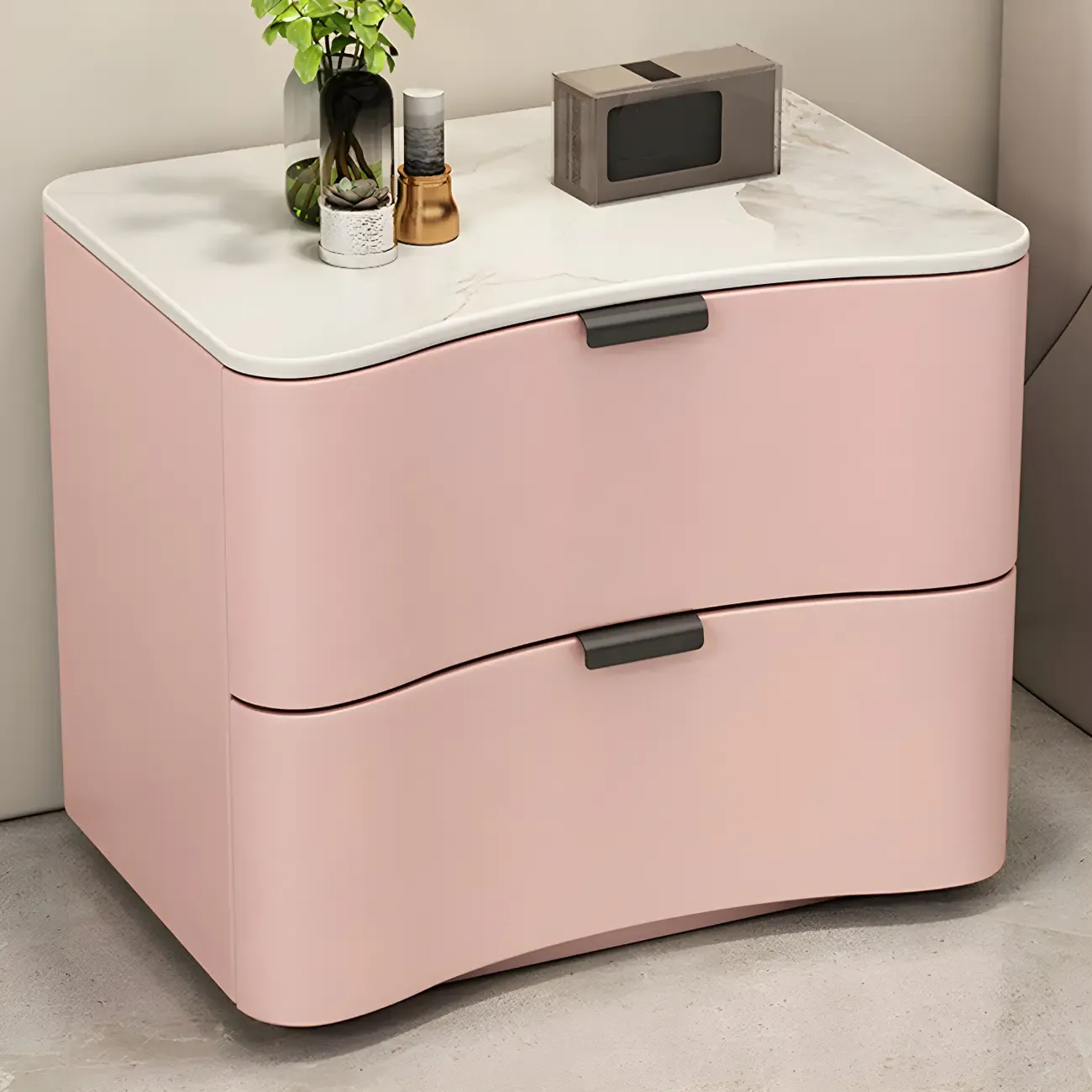 Modern Waved Stone Top Leather 2-Drawer Nightstand