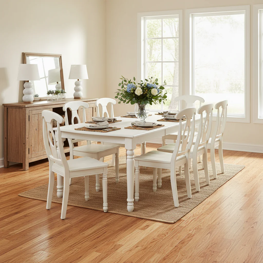 A Rectangle Dining Table and Kitchen Chairs, Linen White