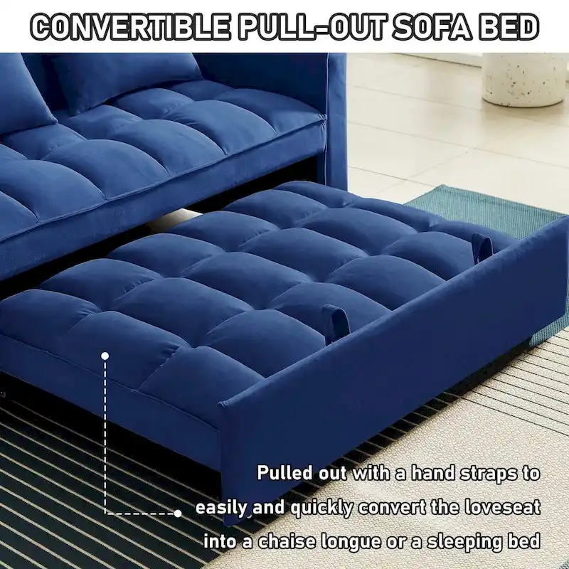 Convertible Sleeper Loveseat, 3-Position Backrest, Velvet, Foam, Side Pockets, USB, Seats 2/Twin Bed, Blue/Black/Grey