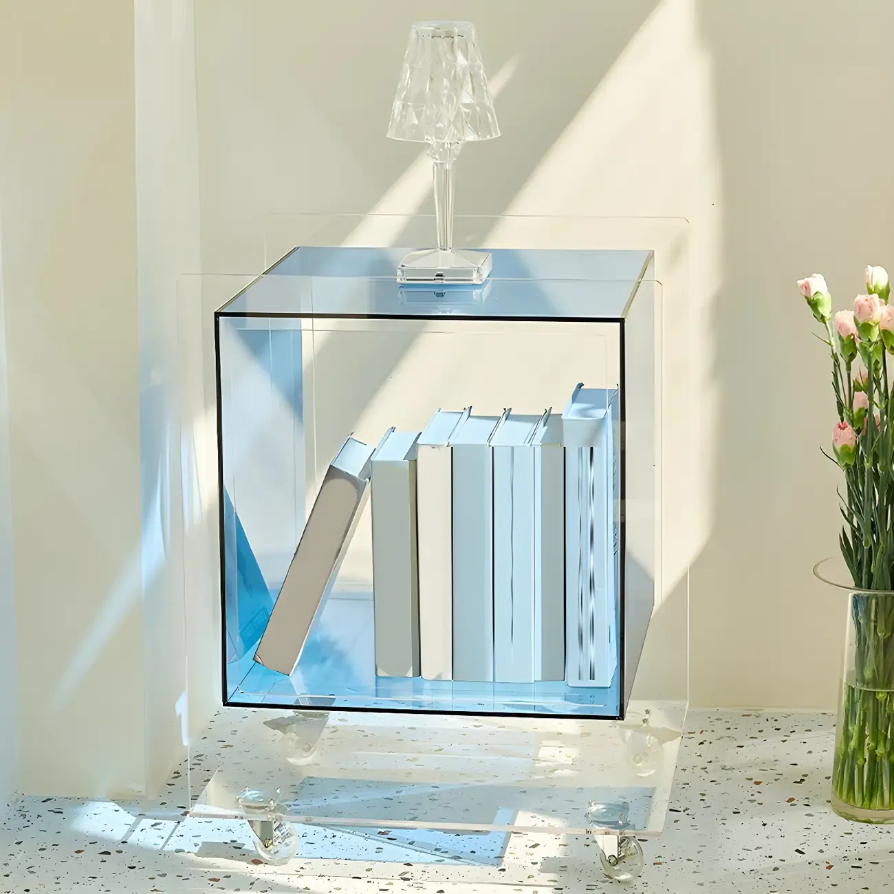 Modish Transparent Acrylic Nightstand with Open Shelf & Wheels
