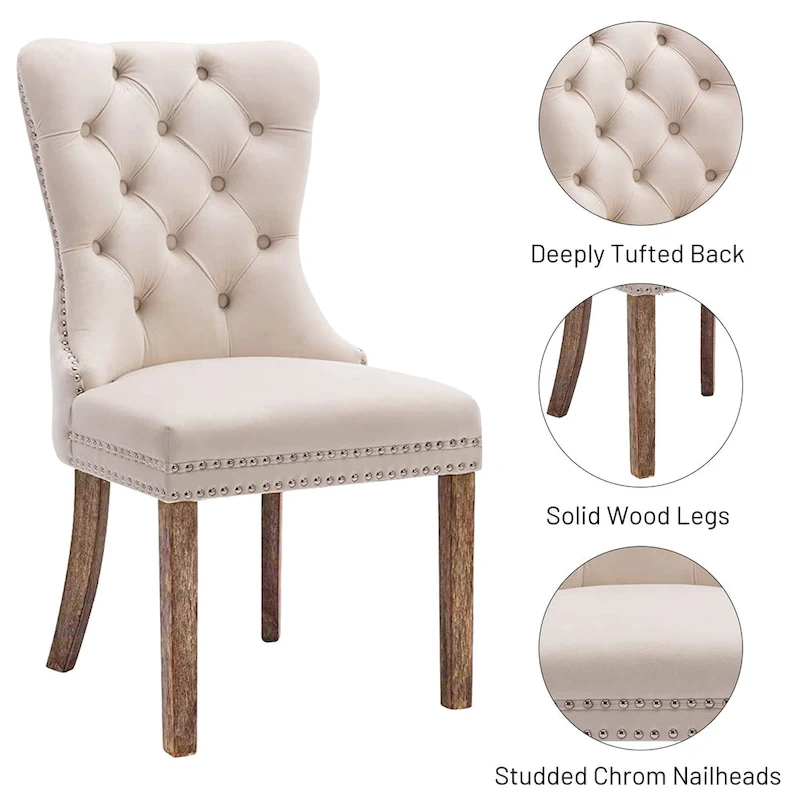 Set of 2 Velvet Dining Chairs,Tufted Solid Wood Armless Chairs Accent Chair with Nailhead Trim and Back Ring Pull