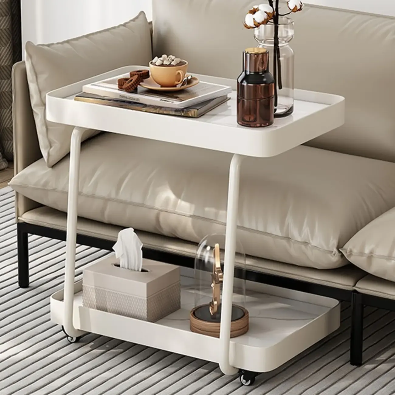 Modern C-Shaped White Stone Rectangular Swivel Side Table