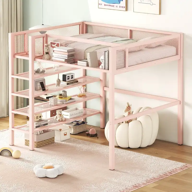 Pink Full Metal Loft Bed with Workstation