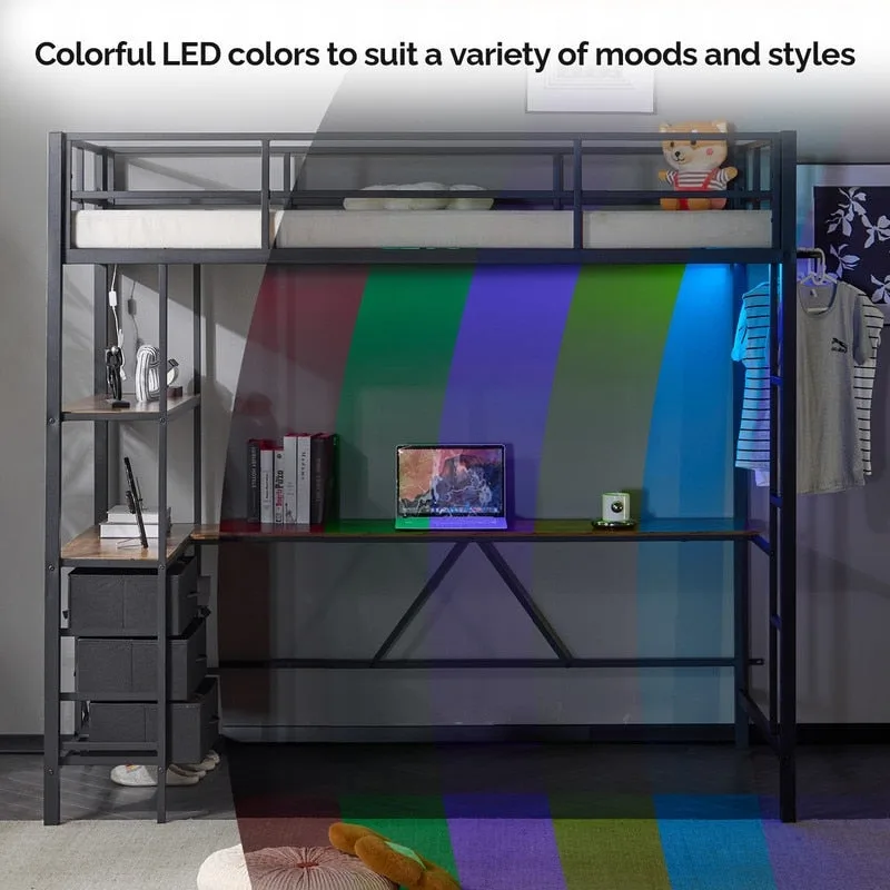 Black Twin Raised Bed with Desk Bookshelf Drawers Socket Light Strip Iron Bed USA