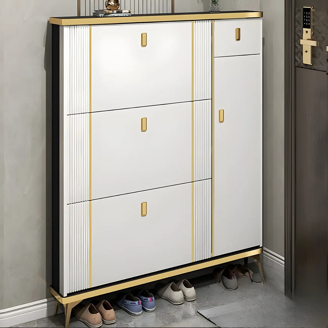 Large Entryway Grey Wooden Shoe Storage with Gold Trim