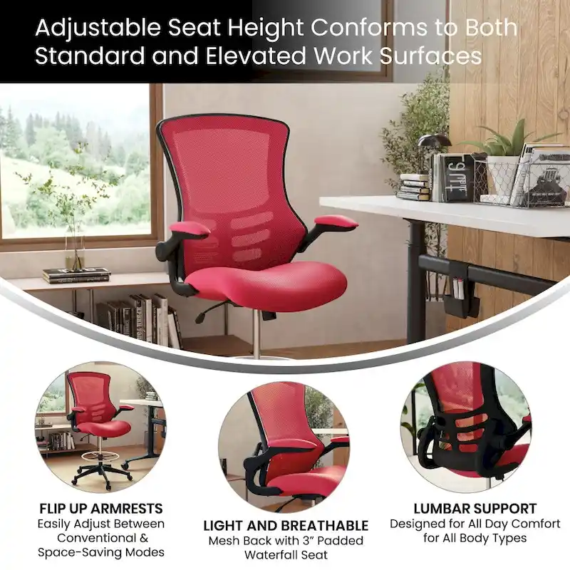 Mid-Back Ergonomic Drafting Chair with Adjustable Foot Ring and Flip-Up Arms